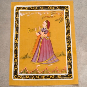 Indian miniature painting woman musician yellow