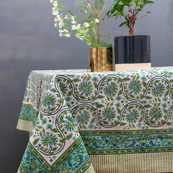 Indian handcrafted printed table cover green and blue