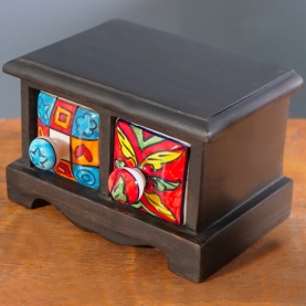 Indian handcrafted wooden box with 2 drawers ceramic