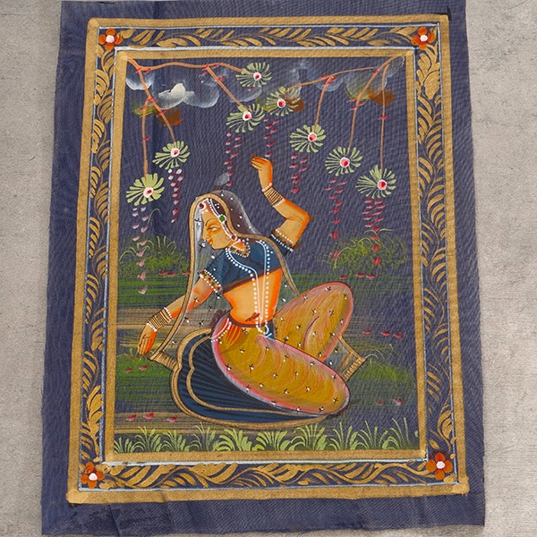 Indian miniature painting Indian woman Dark blue