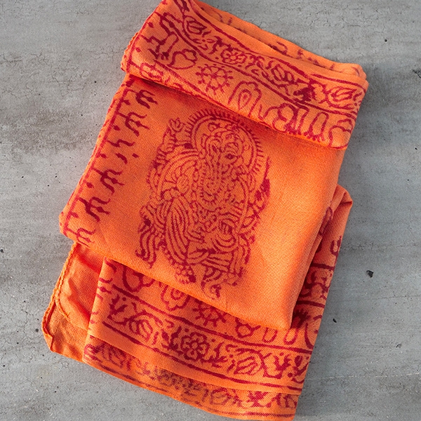 Indian stole printed cotton OM and Ganesh orange