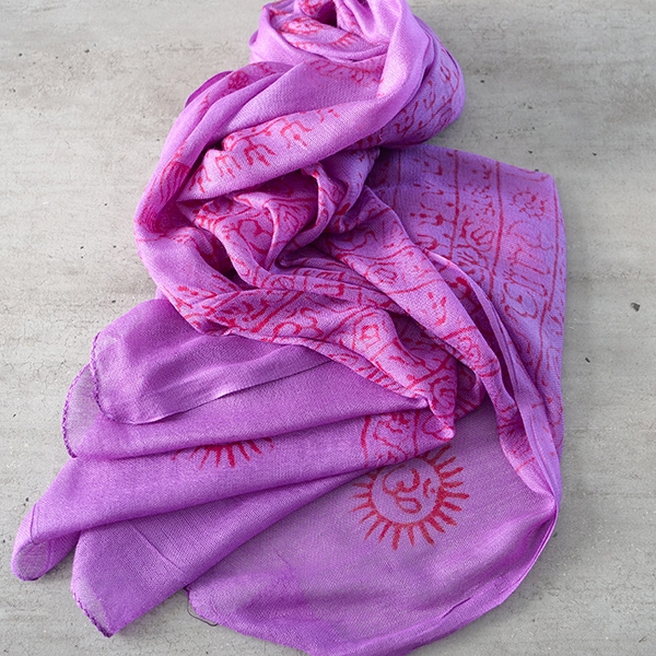 Indian stole printed cotton OM and Krishna purple