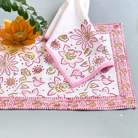 Indian printed cotton table mats + napkins x6 pink