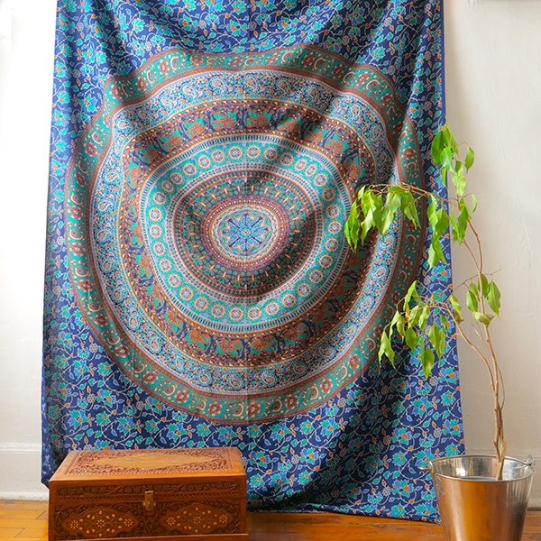 Indian cotton wall hanging Mandala navy blue and green