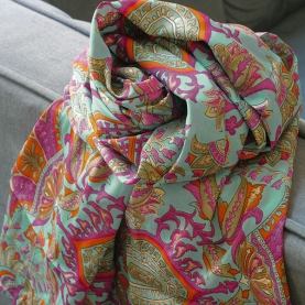 Indian printed stole Flowers pink and turquoise