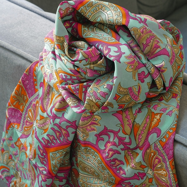 Indian printed stole Flowers pink and turquoise