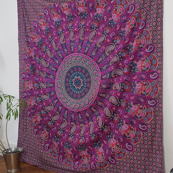 Indian cotton wall hanging Elephants purple and orange