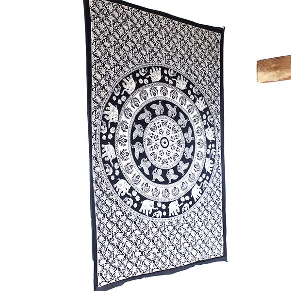 Indian cotton wall hanging Mandala B&W peacocks